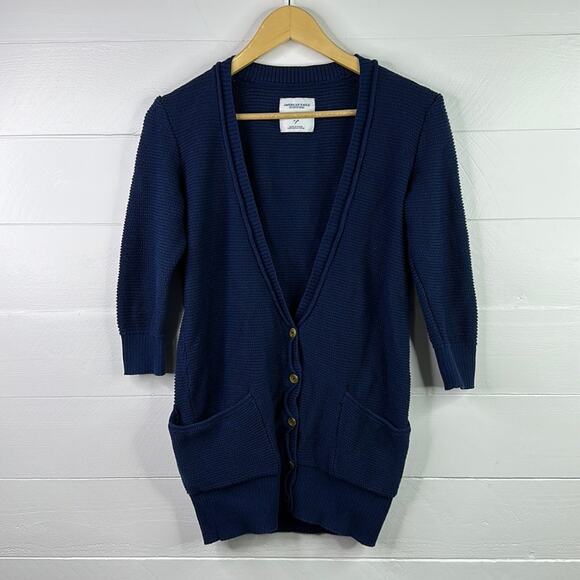 AMERICAN EAGLE Navy Blue 3/4 Sleeve Knit Button Down Cardigan Sweater Size Small - Picture 1 of 12